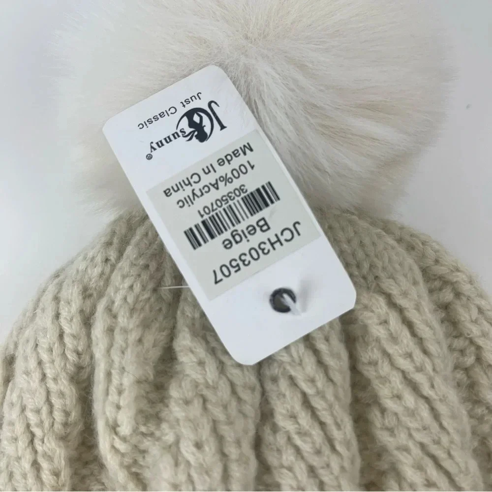JC Sunny Just Classy Hat Womens One Size Beige Knit Fauc Fur Pom Pom Beanie